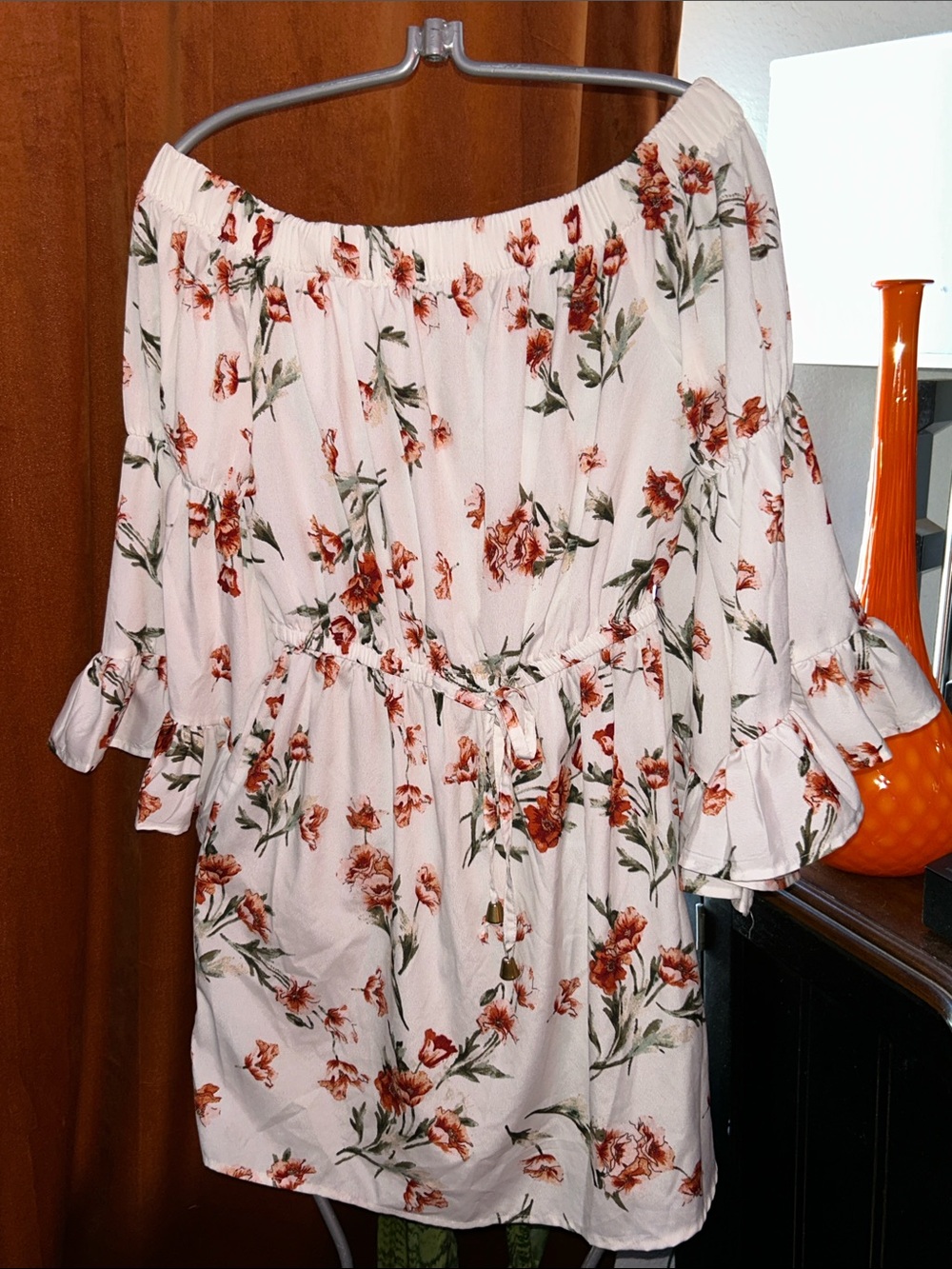 Blush White Off-Shoulder Floral Dress with Rust Flowers